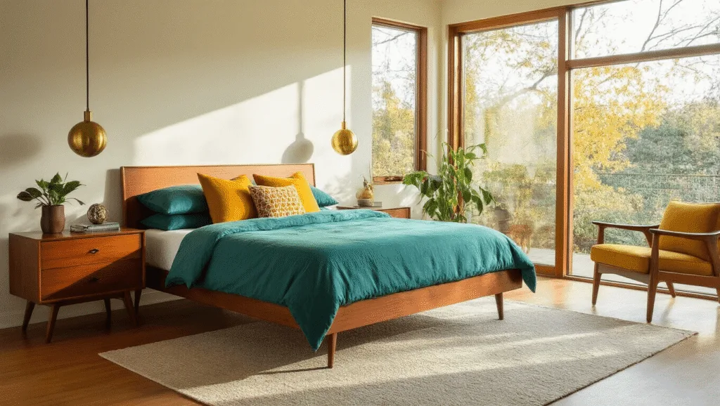 "Sunlit mid-century modern bedroom with teal bedding, mustard yellow pillows, walnut furniture, and brass lighting fixtures during golden hour"