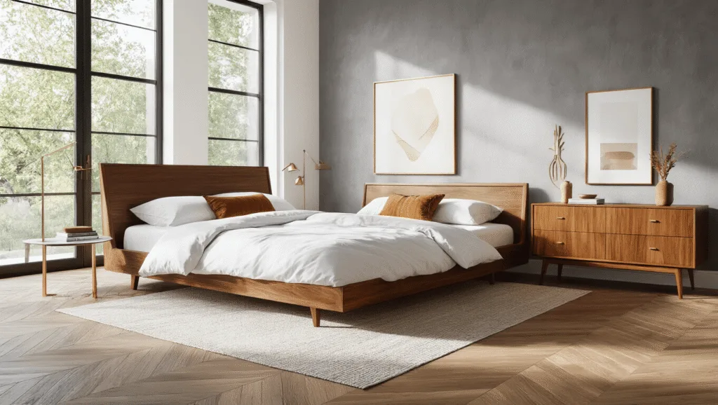 "Mid-century modern walnut king bed in a sunlit, minimalist bedroom with brass accents and ceramics"