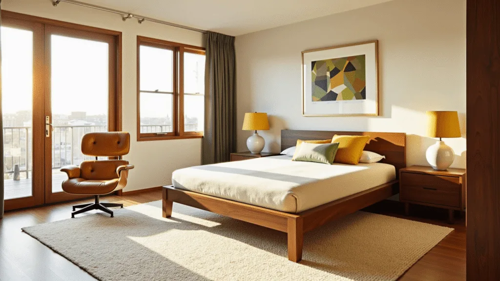 "Mid-century modern bedroom with walnut platform bed, geometric wall art, Eames lounge chair, ceramic lamps and golden hour sunlight streaming through large windows"