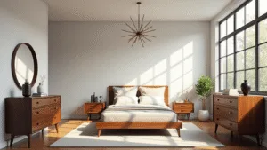 "Mid-century modern bedroom with walnut furniture and floor-to-ceiling windows illuminating the room."