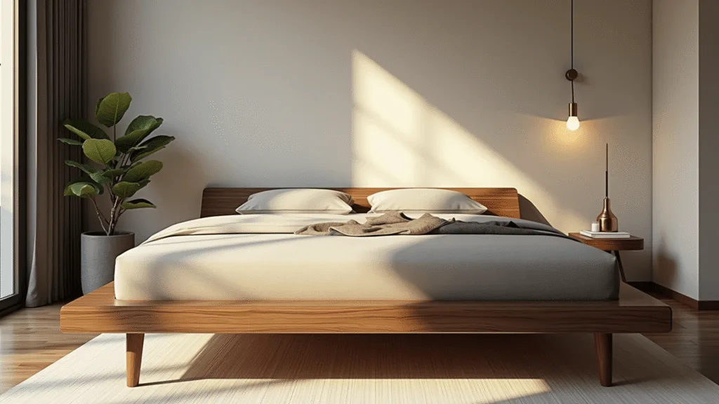 "Mid-century modern bedroom with walnut platform bed bathed in golden hour light"