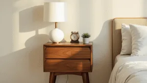 "Mid-century modern walnut nightstand with ceramic lamp, brass clock, and succulent in a cream bedroom bathed in natural light"