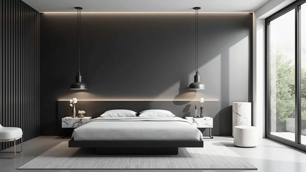 "Modern minimalist black and white bedroom with marble nightstands and pendant lights in morning light"