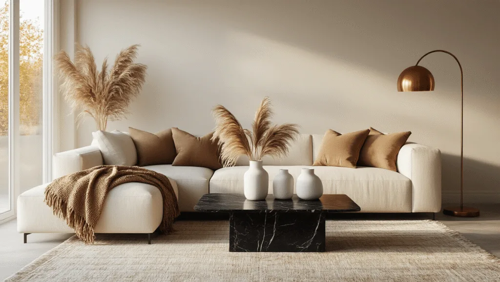 "Sunlit modern living room with cream linen sectional, taupe throws, black marble coffee table with dried pampas grass, and copper lamp during golden hour"