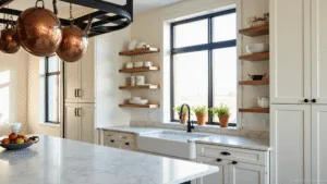 "Modern farmhouse kitchen with white shaker cabinets, black hardware, marble island, copper pots, and natural light"