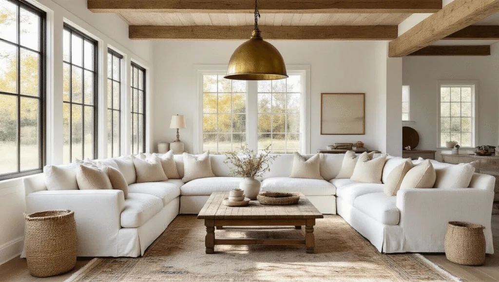 "Sunlit farmhouse living room with white sectionals, wooden beams, vintage decor, and neutral colors"