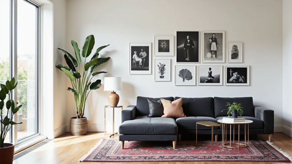 "Bright, modern living room with gallery wall above a gray sectional, featuring floor-to-ceiling windows and vintage Persian rugs"