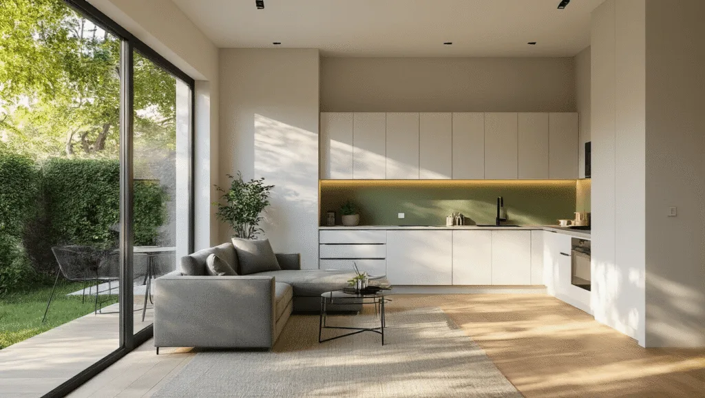 "Interior of a modern, minimalist backyard guest house with floor-to-ceiling windows, gray sofa, white storage units, sage green accents, and light oak flooring"