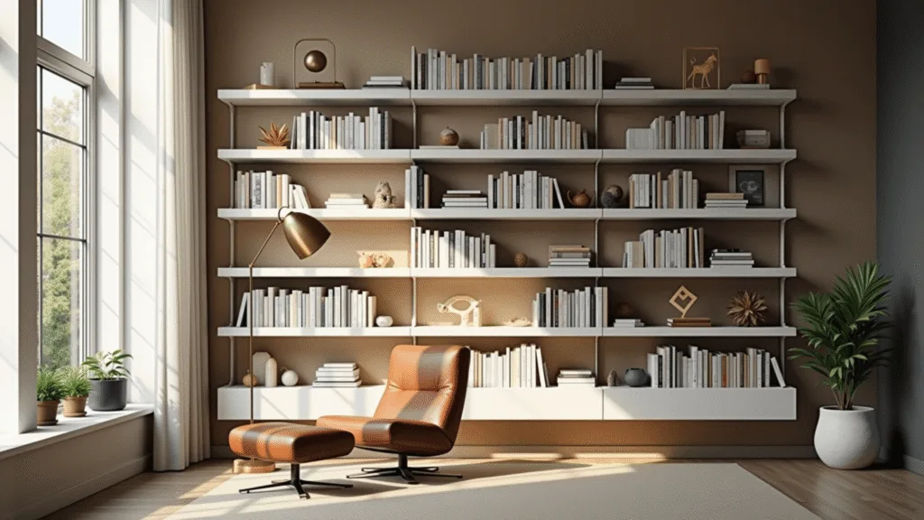 "Modern home library with wall shelving, leather chair, books, and home decor bathed in natural sunlight."