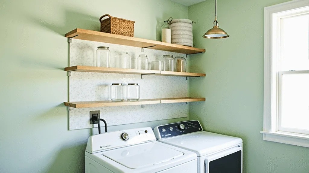 "Modern laundry room with seafoam green walls, white appliances, natural wood shelves, and brass lighting"