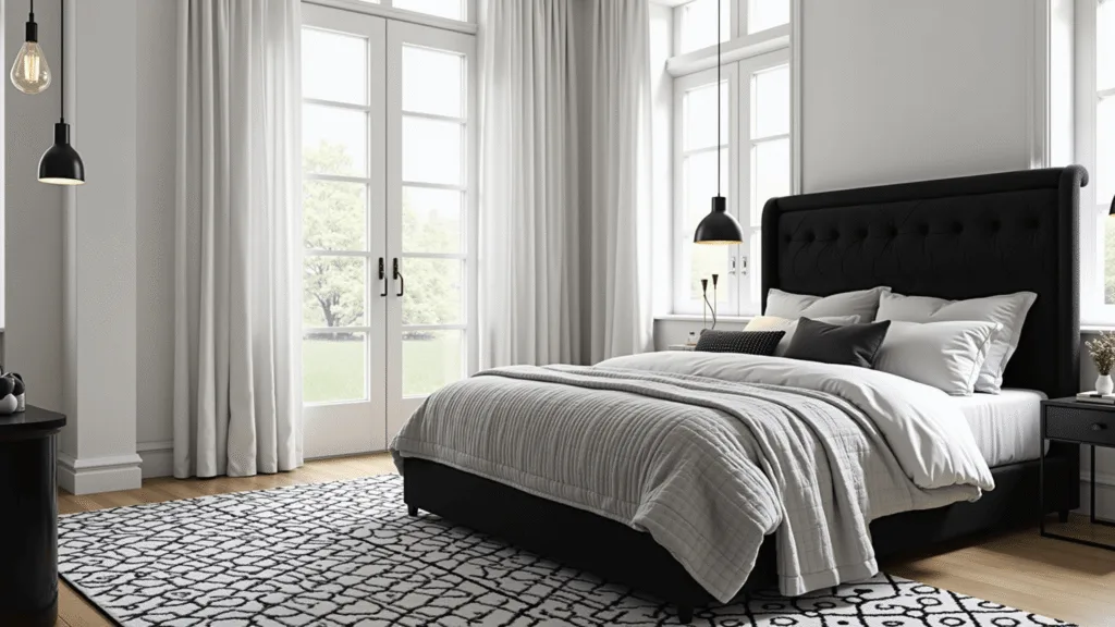 "Luxurious black and white bedroom with velvet headboard, textured throws, a geometric rug, and natural light from floor-to-ceiling windows"