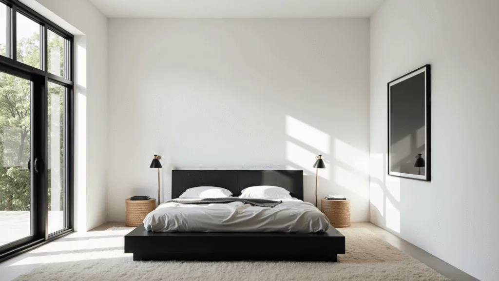 "Minimalist modern black and white bedroom with platform bed, dramatic lighting, and textured décor elements"