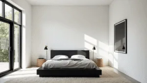 "Minimalist modern black and white bedroom with platform bed, dramatic lighting, and textured décor elements"