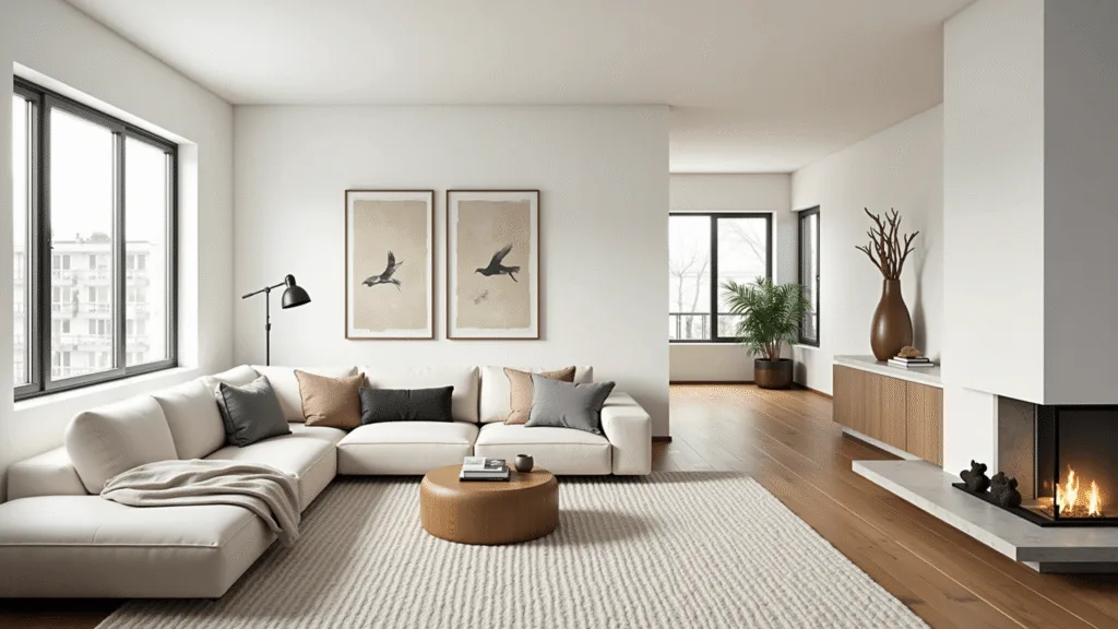 "Scandinavian-style minimalist living room with white walls, floor-to-ceiling windows, glowing natural light, clean lines, wooden elements, and artisanal ceramics"