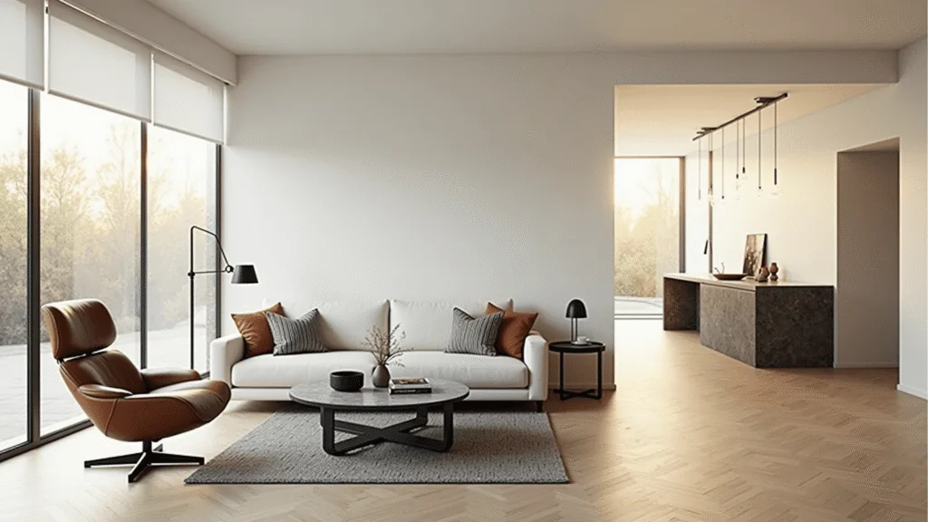 "Minimalist living room with white oak herringbone floors, ivory sofa, and cognac leather chair lit by golden hour light"