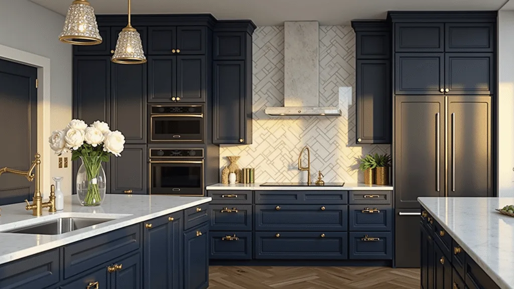 "Modern luxurious kitchen featuring navy cabinets, black appliances, and marble countertops during golden hour"