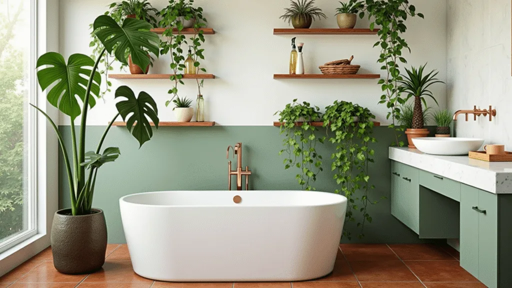"Modern spa bathroom with tropical plants like Monstera, Calathea, and Pothos, sage green accent wall, white tub, and terracotta tiles bathed in morning light"