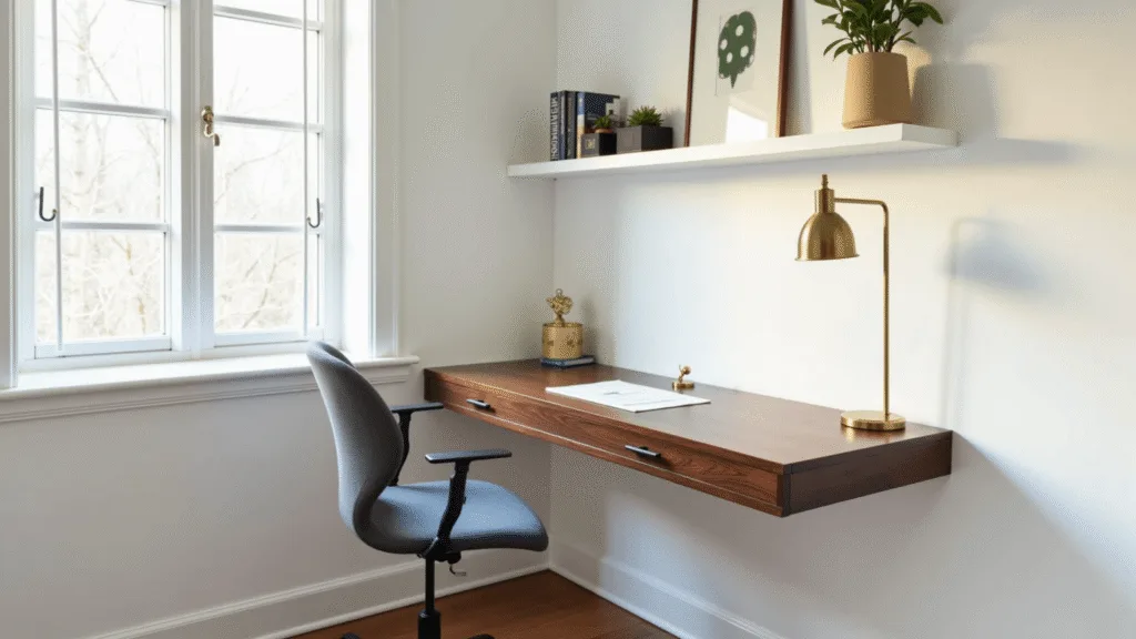 "Sunlit modern home office corner with floating walnut desk, brass accents, white walls and shelving, ergonomic chair and a potted plant"