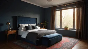"Dramatic bedroom with navy walls, plush velvet headboard, and warm ambient lighting"