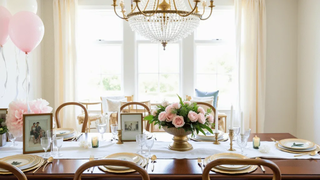 "Elegant Mother's Day dining room setup with blush pink peonies, gold accents, crystal chandelier, and vintage family photos on table"