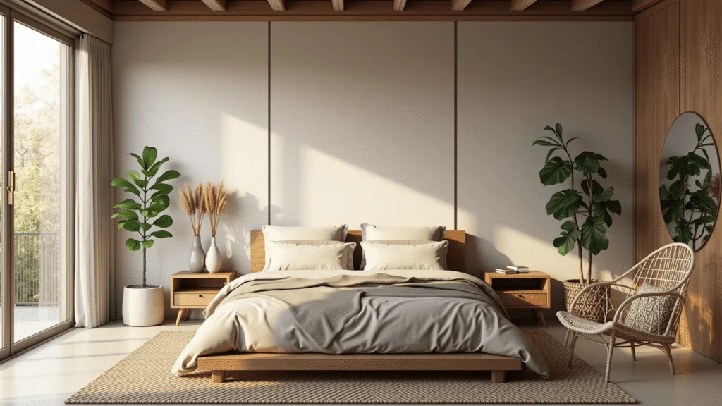 "Photorealistic image of a sophisticated, organic modern bedroom with warm natural light streaming through large windows, a low-profile wooden bed with cream and taupe linen bedding, concrete nightstands, pampas grass in ceramic vases, a curved rattan chair, a wool rug, a potted fiddle leaf fig plant, a minimalist brass mirror, and exposed wooden beams during morning golden hour."