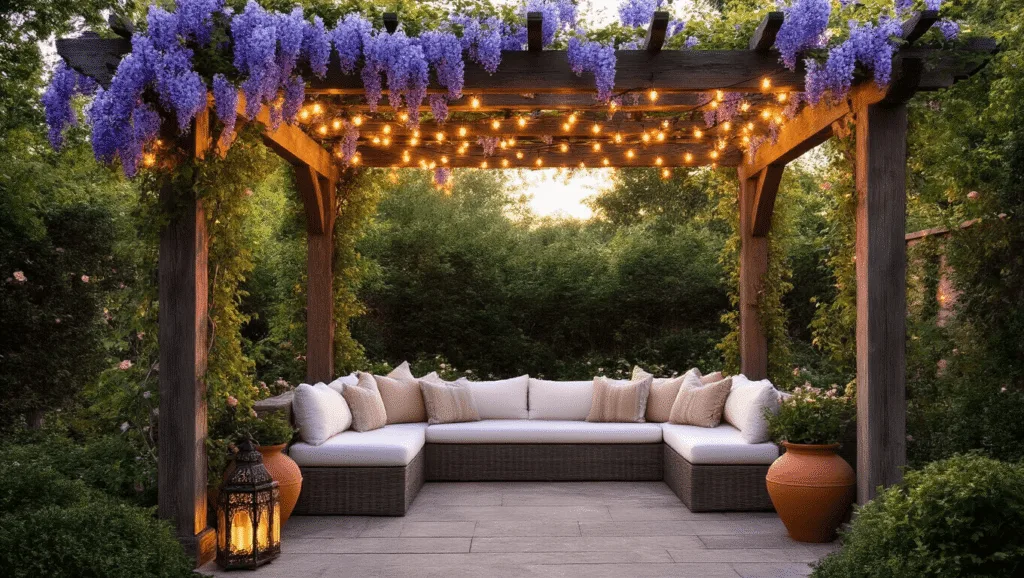 "Luxurious garden pergola with blooming wisteria and roses, warm string lights, and comfortable seating at golden hour"