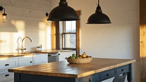 "Rustic farmhouse kitchen with black pendant lights, weathered oak island, shiplap walls and mason jar sconces lit by golden hour sunlight"