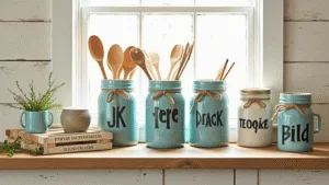 "Rustic farmhouse kitchen with vintage utensils and herbs in blue mason jars, ceramic crocks, and wooden crates on white shiplap wall"
