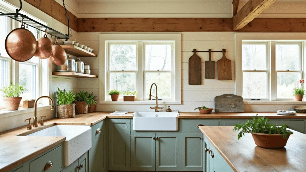 "Rustic farmhouse kitchen with sage-green cabinets, exposed cedar beams, copper accents, and a reclaimed wood island"