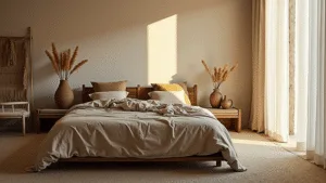 "Serene wabi-sabi bedroom with natural materials and soft light"