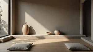 "Meditation room with aged structures, linen cushions, ceramic vessels on stone shelves, and natural light creating shadow patterns"