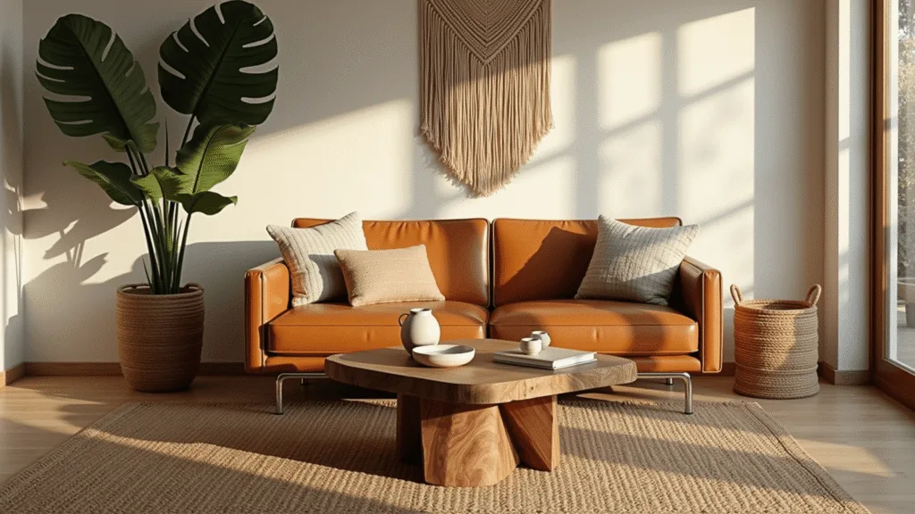 "Modern living room bathed in golden hour light featuring leather sofa, walnut coffee table, textured rugs, lush monstera plant, and Bohemian décor."