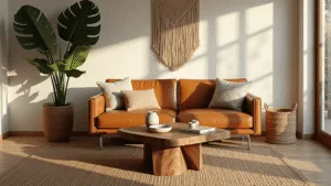 "Modern living room bathed in golden hour light featuring leather sofa, walnut coffee table, textured rugs, lush monstera plant, and Bohemian décor."