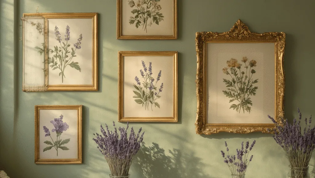 "Cottagecore interior with vintage botanical prints in gold frames on sage walls, dried lavender, and soft golden light."