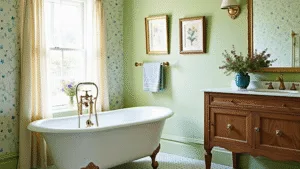 "Vintage clawfoot tub in a serene bathroom with sage green walls, botanical wallpaper, morning sunlight, and fresh wildflowers, beautifully captured in soft natural light."