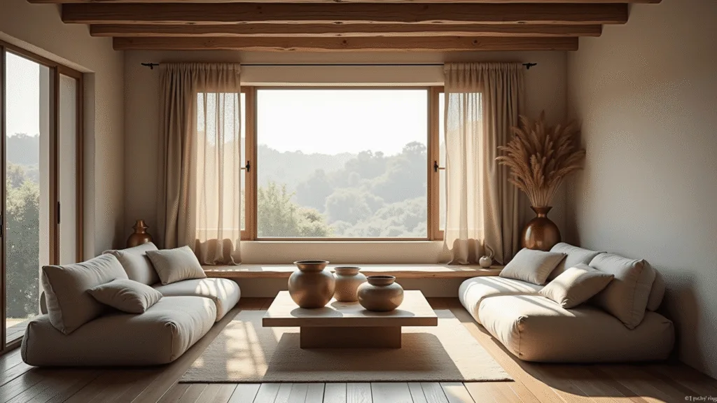 "Rustic sunlit living room with wooden beams, linen sofas, handcrafted ceramics on wooden table, natural curtains, and copper vessel with dried pampas grass in earthy tones"