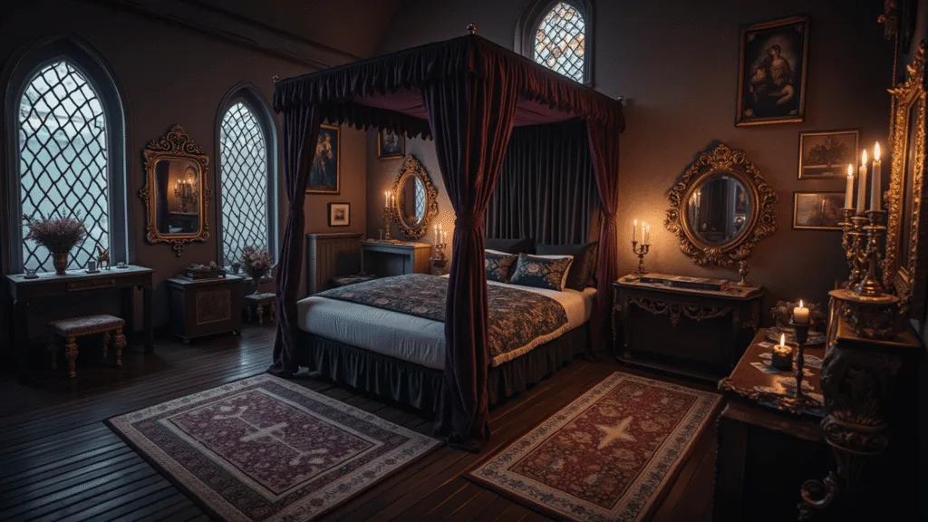"Gothic elegance bedroom with black four-poster bed, crystal candelabras, vintage curiosities, stained glass windows and tarot cards on wooden vanity"