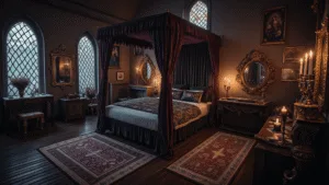 "Gothic elegance bedroom with black four-poster bed, crystal candelabras, vintage curiosities, stained glass windows and tarot cards on wooden vanity"