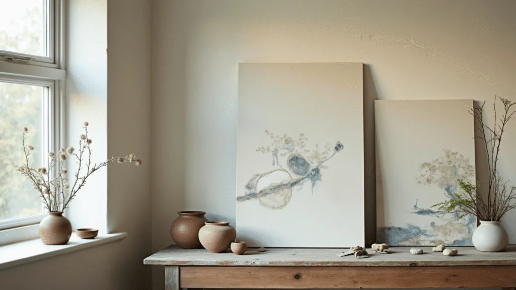 "Artist's studio in morning light showing unfinished wabi-sabi paintings, wooden workbench with ceramics, dried flowers in vase, and natural materials in earth tones"