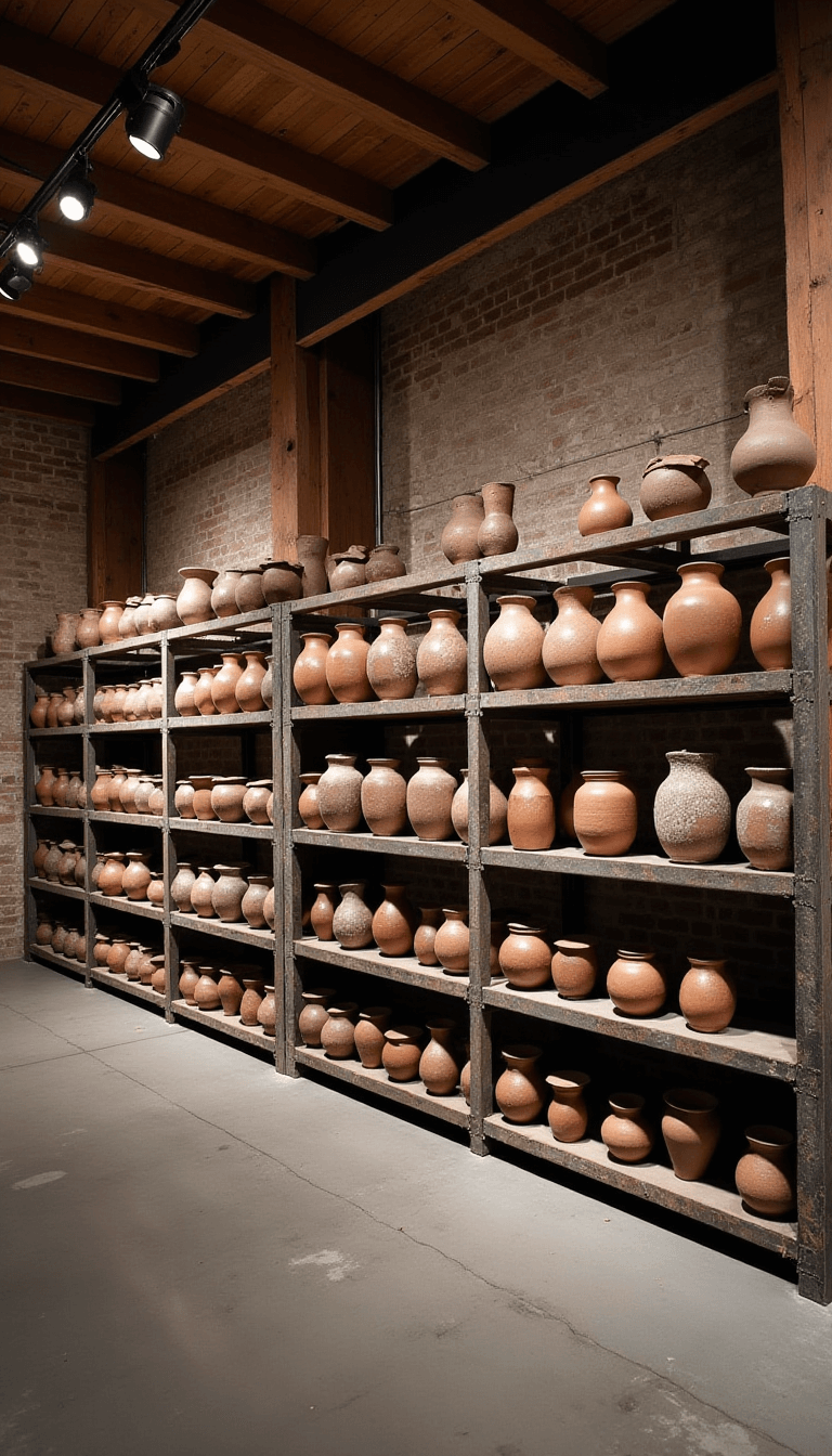 Elevated view of an industrial-organic loft with 14ft ceilings featuring a vast pottery installation on steel shelving, surrounded by exposed brick walls and original timber posts, highlighting wabi-sabi vessels and various pottery techniques with dramatic lighting.
