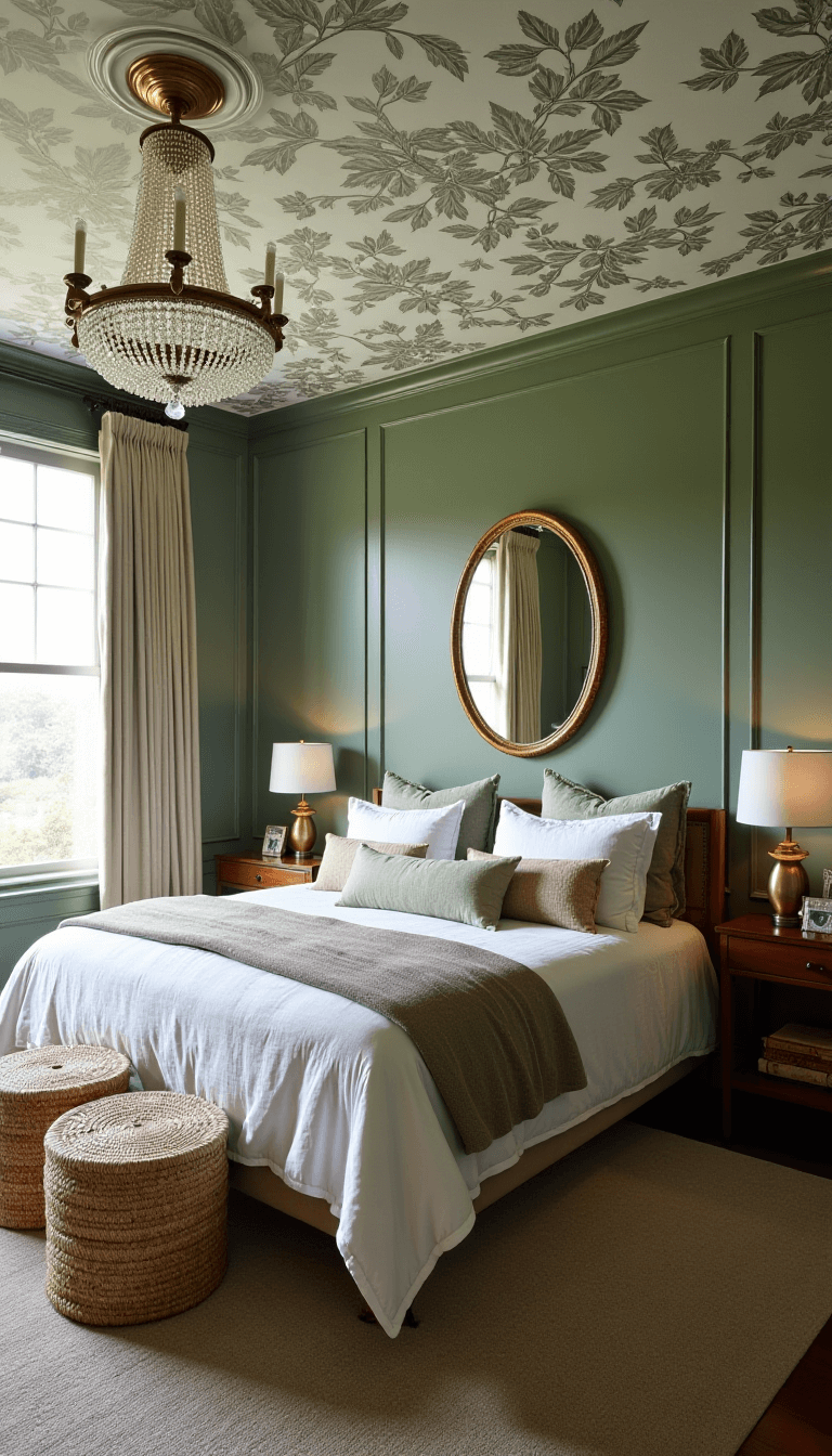 Master bedroom with sage green walls, botanical wallpaper ceiling, and crystal chandelier, with a focus on ceiling detail and light effects.