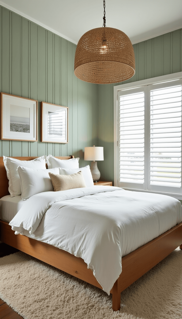 Bright and airy 15x17ft corner bedroom with sage walls, natural oak California king bed, rattan pendant light, coastal artwork, and ivory wool rug, bathed in late morning light through plantation shutters, taken from a 45-degree angle.