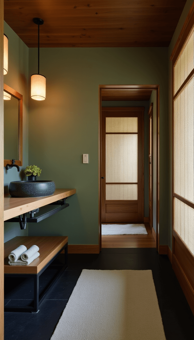 Japanese-inspired serene bathroom with slate flooring, cedar tub, bamboo screens, and stone sink under paper lantern lighting.
