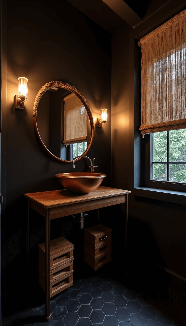 A moody bathroom with evening lighting, black hexagon floor tiles, a wall-mounted copper vanity with integrated sink, a large circular mirror with rope detail, open storage wooden crates, and a macramé window curtain.