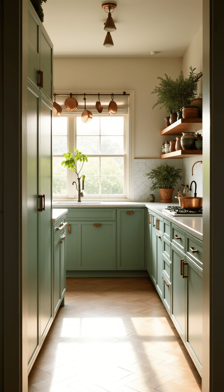 Sunny, sage green farmhouse kitchen with brass hardware, white marble countertops, vintage copper pots, open wooden shelves displaying ceramics and fresh herbs, on a cream herringbone tile floor
