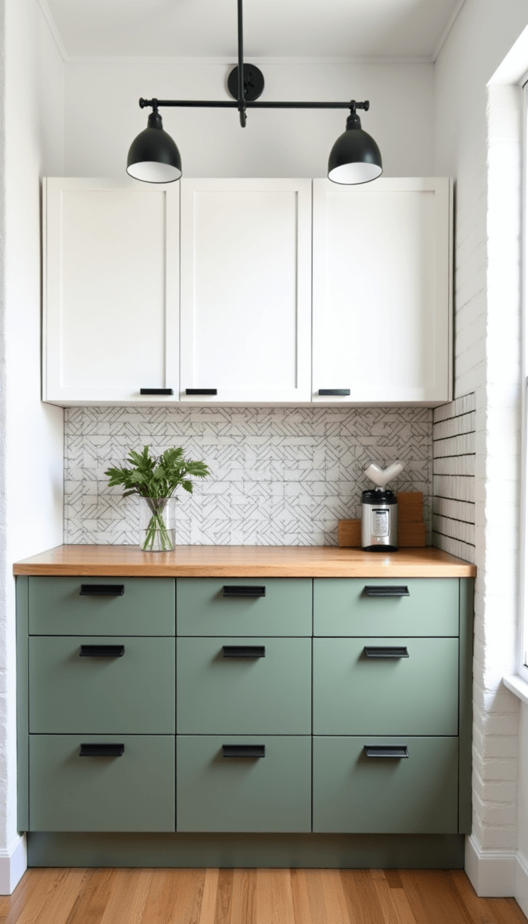 Morning view of a compact kitchen with sage green and white cabinets, butcher block island, industrial pendant lights, white brick wall, and geometric tile backsplash in minimalist Scandinavian style.