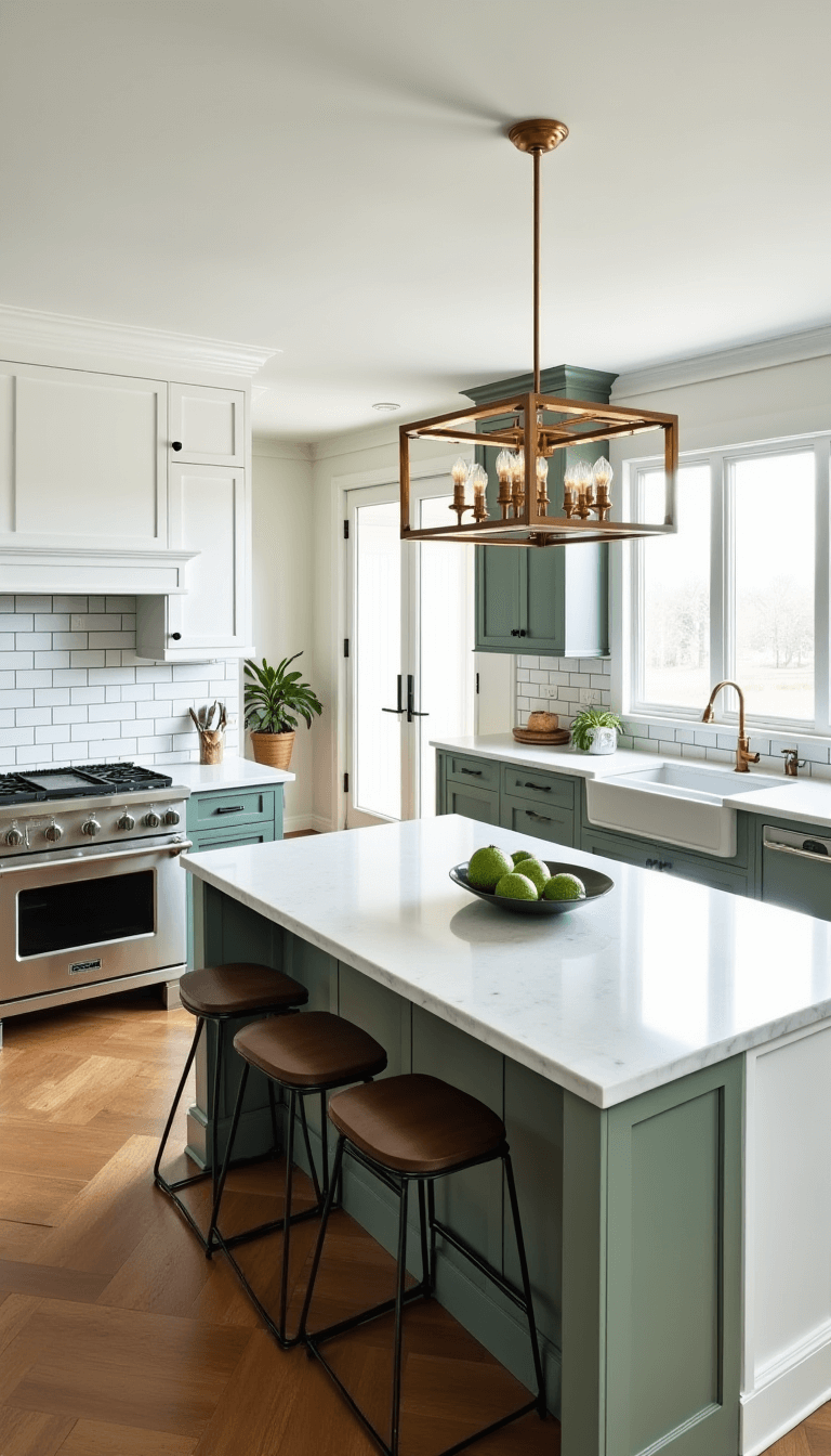 Bright, spacious 15x20ft open-concept kitchen with sage green island, white quartz waterfall edge, and brass pendant lighting, featuring floor-to-ceiling windows, sage subway tile backsplash, and chevron-patterned oak flooring, viewed from above in a coastal aesthetic.