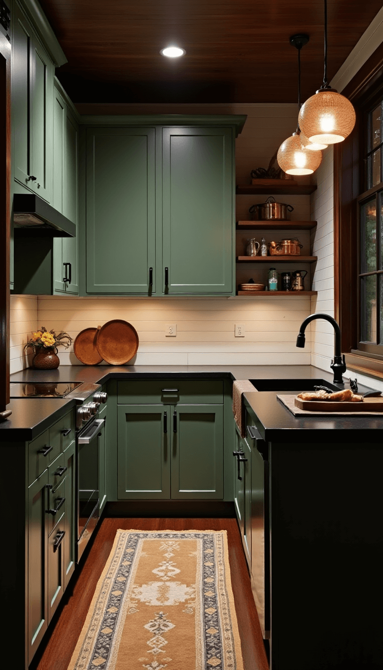 Dramatic evening shot of a sage green galley kitchen with antique bronze hardware, black soapstone counters, white shiplap walls, vintage runner and a copper cookware collection displayed on open shelving