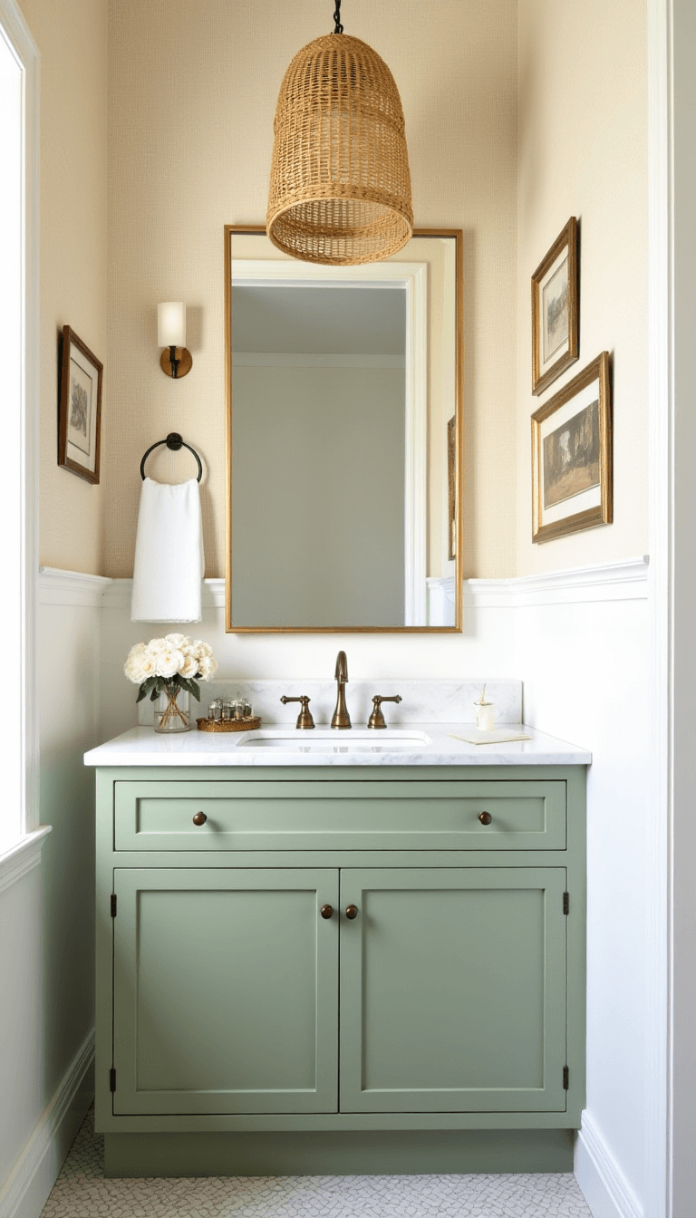 Elegant 6x8ft powder room with sage green vanity, marble top, aged brass faucet, cream grasscloth wallpaper, vintage art in gold frames, and woven pendant light.