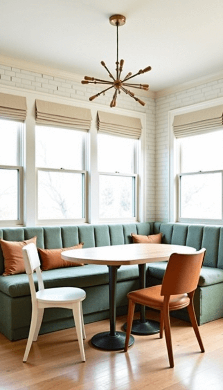 Bright 14x16ft kitchen-dining space with sage green banquette, vintage chairs, modern brass chandelier, linen window panels, pale oak floor, and white brick wall in a California casual and traditional elegant style.
